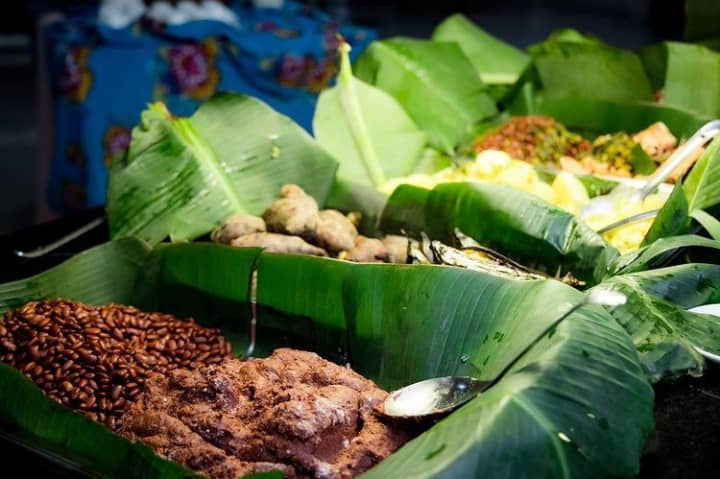Traditional Rwandan food wrapped in banana leaves